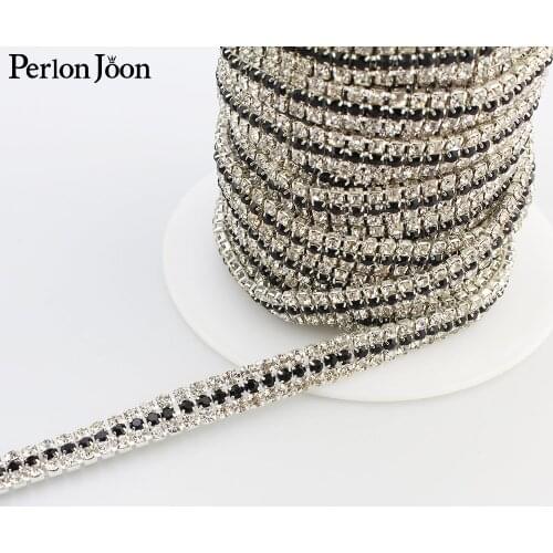 1 yard 3 row black white black rhinestone trim plating silver crystal chain ribbon for clothing shoes decorative accessories 073