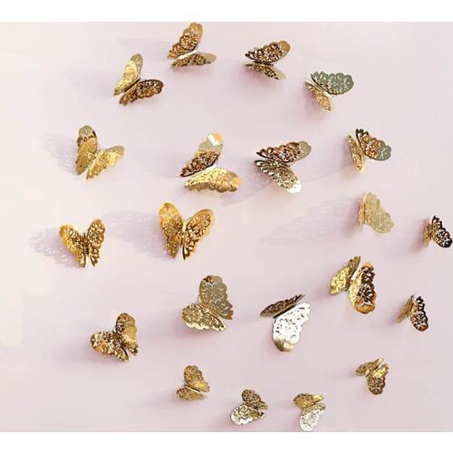 12Pcs Golden Butterfly Wall Sticker DIY Wall Decoration Fridge Sticker Wedding Decoration Three-dimensional Butterfly