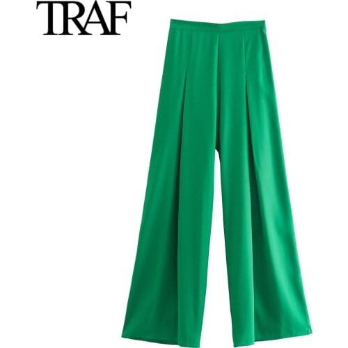TRAF Za Streetwear Women Green Long Pants French Fashion High Waist Wide Leg Pants Office Ladies Suit Pants Mujer