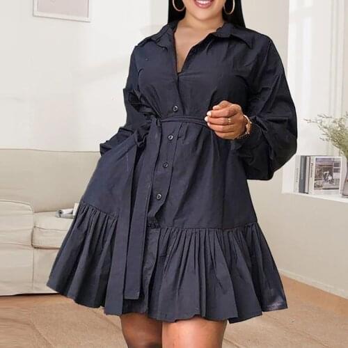 White Pleated Belted Shirt Dress Women 2021 Office Lady Ruffles Mini Dresses Casual Womens Tops Turn-Down Collar Autumn Tunic