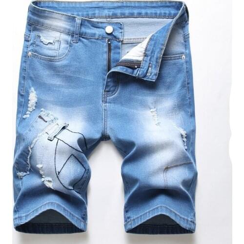 Summer Destroyed Ripped Denim Jean Men Shorts Casual blue Loose Shorts Cargo Knee Length Short Bermuda Long Big Tall Size 42