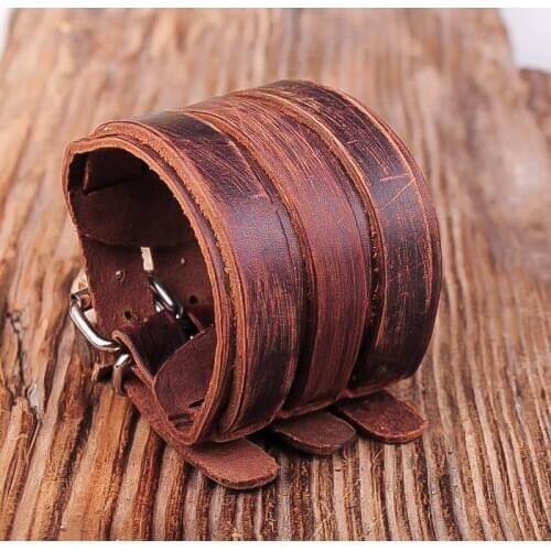 G329 Brown Triple Bands Vintage Leather Alloy Wrap Bracelet Wristband Wide Cuff New