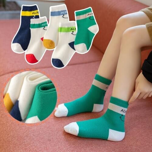 Boys autumn winter girls cotton socks child student socks big smile socks multi-color warmer baby kids sock 5 pairs/Lot