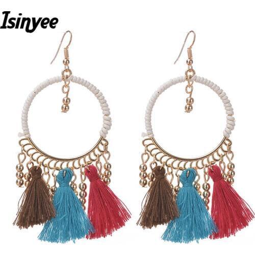 ISINYEE Fashion Silk Rope Beads Tassel Earrings For Women Handmade Circle Bohemian Ethnic Earring Gold Bohe 2021 tassle Jewelry