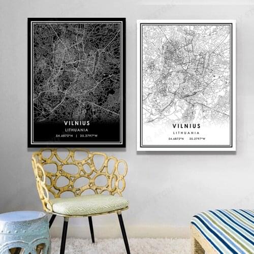 Map Wall Art Print Poster VILNIUS City Map Street Black & White Decor