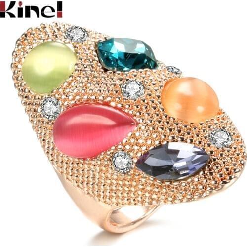 Kinel Fashion Colorful Opal Stone Big Ring For Women 585 Rose Gold Vintage Wedding Jewelry Party Crystal Gift Ring Drop Shipping