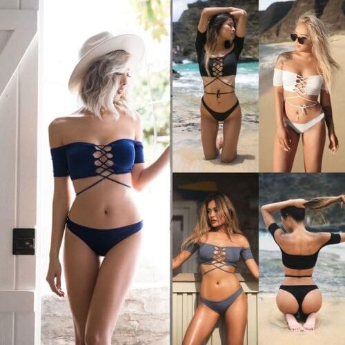 Summer Women Ladies Sexy Bandage Hollow Out Bikini Set Push-up Padded Solid Triangle Swimsuit Swimwear