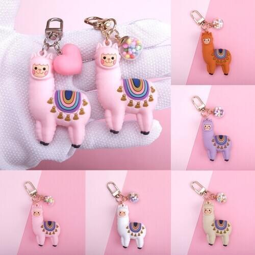Lovely DIY Handmade Gift Llama Key Chain Women Bag Love Heart Color Ball Pendant Cartoon Epoxy Alpaca Keychains Trinket Korean