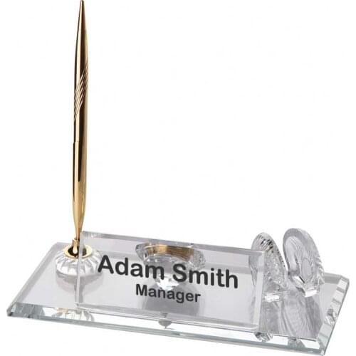 Crystal Glass Desk Name Plate and Pen Desk Stand Set - Personalized Name Plate, Crystal Clock, Custom Engraved Awards, Teachers