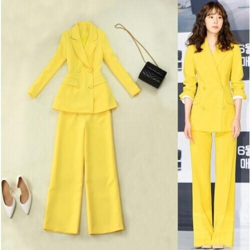 New suit woman yellow pants suit womens high waist wide leg pants suit For Ladies Professional suit women blazer set