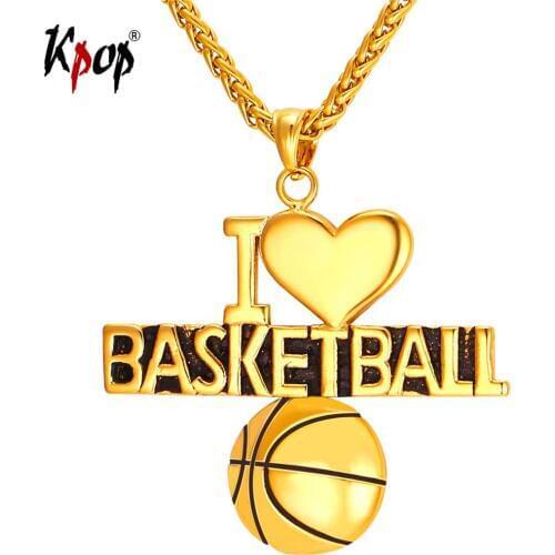 Kpop Basketball Heart Pendant Neckalce Statement Sport Jewelry Gold Color Stainless Steel I Love Basketball Necklace Men P2143