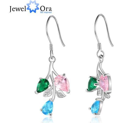 Personalized Gift Branch Leaf Dangle Earrings for Women Customized 3 Birthstones Drop Earrings (Jewelora EA103261)