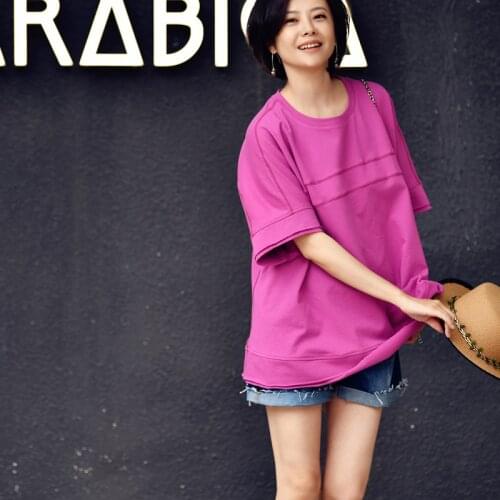 MICOCO T8890C Casual literary Open wire Stitching design Loose solid color versatile round neck and short sleeves T-shirt