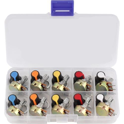 WH148 Potentiometer Kit B1K 2K 5K 10K 20K 50K 100K 500K 1M 15mm Linear Taper Rotary Potentiometer Resistor Set 3pin With Cap