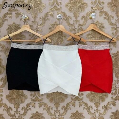 High Quality Fashion Women Elegant Bodycon Black Pencil Skirt 2021 Summer Sexy High Waist Diamond Bandage Club Party Skirt