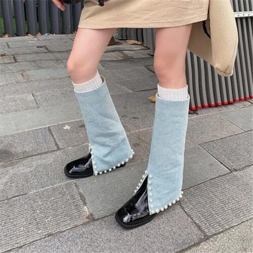 PXELENA NEW Celebrity Pearls Studded Split Leather Denim Knee High Riding Boots Med Heels 2021 Fall Winter Party Date Shoes Lady