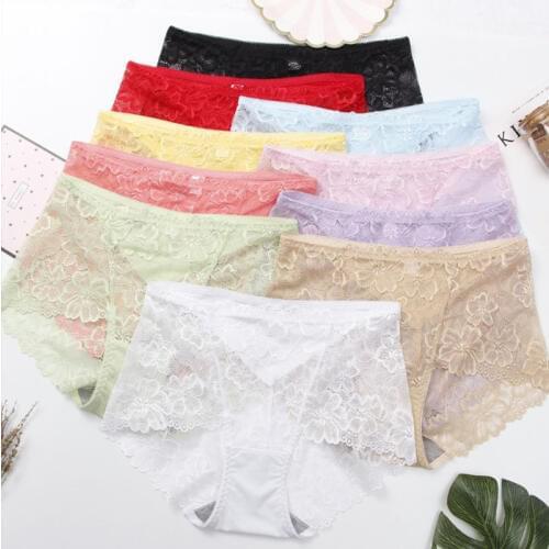Ladies Pure Color Lace Panties Lace Underpants Girls Sexy Panties Summer Cool Briefs Mid-Waisted Breathable Soft Panties