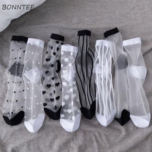 Sexy Mesh Socks Women Transparent Stretch Trendy Ulzzang All-match Elasticity Ankle Thin Low Tube Design Print Casual Summer New