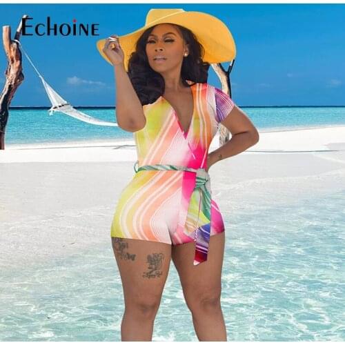 Echoine Women Summer Sweet Sexy Beach Regular Lace Up Top Deep V-Neck High Waist Skinny Free Playsuits Short Pant Rompers