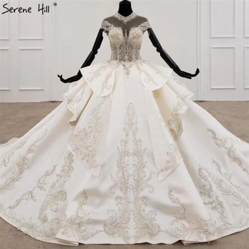 Serene Hill White High Collar Luxury Satin Wedding Dress 2020 High-end Diamond Beadings Bridal Gown Custom Made CHX0084