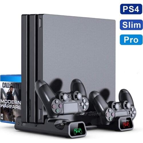 3 IN 1 For PS4 Slim Pro Vertical Stand with Cooling Fan 2 Controller Charging Dock Games Storage for Sony Playstation 4 Pro Slim