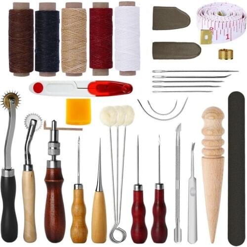 Profession DIY Leather Craft Tools Hand Stitching Tool Set Groover Awl Waxed Thread Thimble Kit Leather Sewing Tools