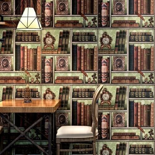 3D creative bookshelf library study European style wallpaper cafe retro pvc vinyl waterproof 5.3 square meters home decoration