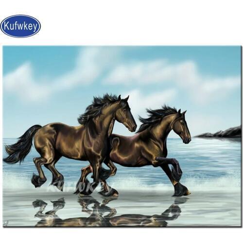 Black horse Running beach diamond painting full square round diamond embroidery animals mosaic puzzle 5d stickers home decor