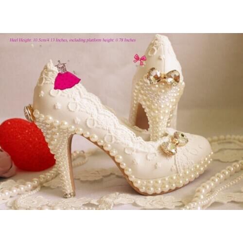 Handmade White Lace wedding shoe Pearl sparkling diamond wedding shoes wedding dress formal high/low heel dress shoe