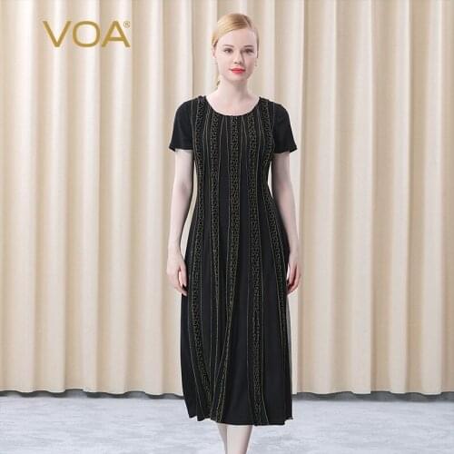 VOA Silk Black 33m/m Heavy Summer Knitted Bright Silk Stereo Wooden Ear Strip-shaped Silk Long Dress AE695 Harajuku Dress
