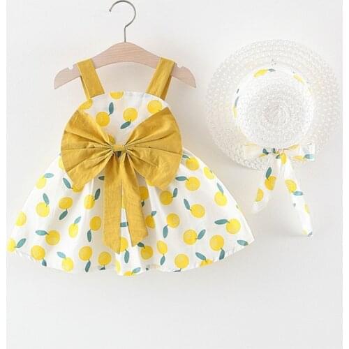 Baby Girl Dress Summer 2021 New Sleeveless Fruit Print Dress for Girls With Bow Hat 2 Pcs Newborn Baby Fashion Dresses 0-3Y