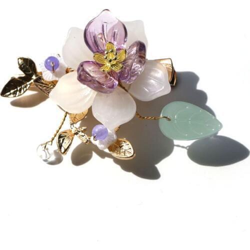 Ethnic Purple Bridal Floral Barrettes Ethnic Gold Leaf Glass Hair Clip Vintage Hair Jewelry Headpiece Wedding Hairpins