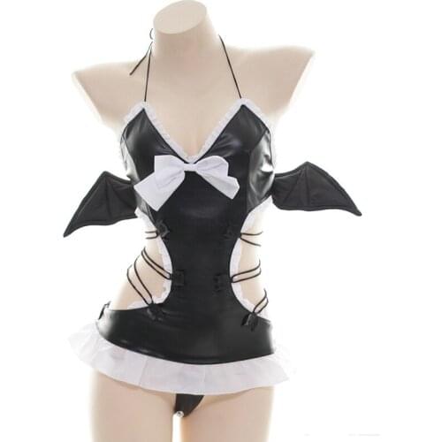 Halloween Sexy Lingerie Devil Cosplay Costumes Black Pu Leather With Adorable Bat Wings Erotic Cute Uniform Photo Dress