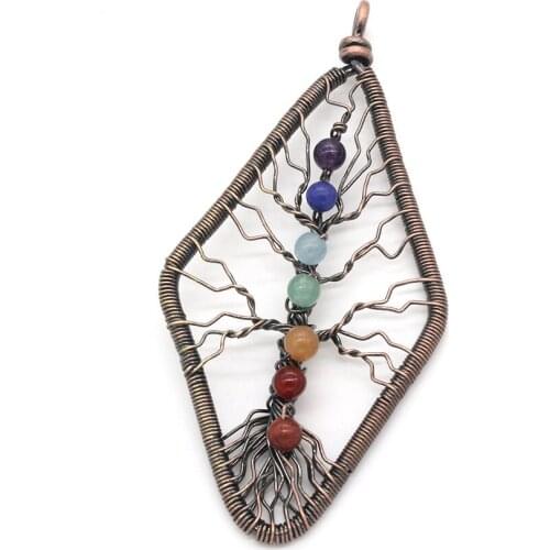 KFT Handmade Natural Healing Crystal Quartz Reiki Chakra Stone Pendans Wire Wrap Tree of Life Chakra Stones Pendant Necklace