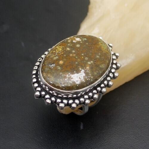 Oval Shape Vintage Solitaire OceanJasper Silver Color Band Ring For Jewelry Gifts Size 8.5 HD98