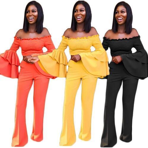 Autumn Winter Women Yellow Orange Two Piece Set Slash Neck Off Shoulder Ruffle Bell Sleeve Crop Top Wide Leg Flare Pants Outfits