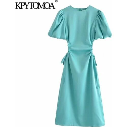 KPYTOMOA Women 2021 Fashion With Tied Hollow Out Midi Dress Vintage Puff Sleeve Back Zipper Female Dresses Vestidos Mujer