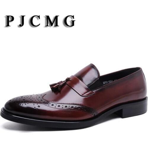 PJCMG New Breathable Black /Brown Loafers Mens Dress Genuine Leather Slip-On Wedding Mens Casual Business Shoes With Tassel