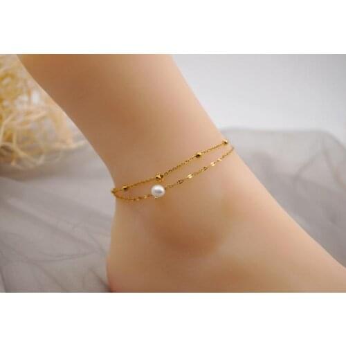 Favorite Pearl Jewelry Double Rows Gold Plated Chain Gold Beads White Color Freshwater Pearls Anklet Handmade Women Gift