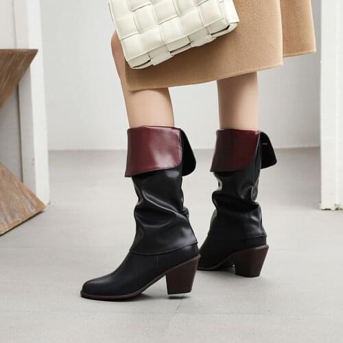 LDHZXC Fashion Ladies Knee High Boots Women Handmade Microfiber Leather Slip-On Med Heel Shoes New Round Toe Western Boots