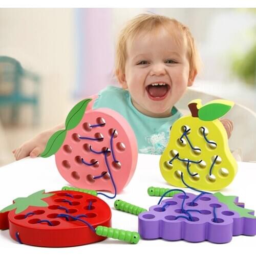 Montessori Kids Educational Toys Fun Wooden Toys Worm eat Fruit Apple Pear Funny Wooden Puzzle Toys for Children Gift 1 2 3 Year
