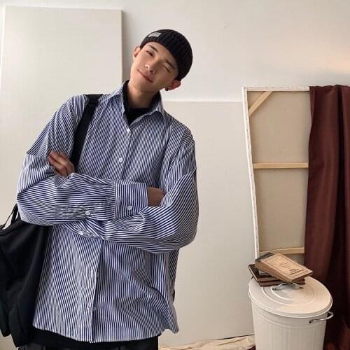 Loose Mens Stripe Blue Shirts Spring Autumn Printed Casual Long Sleeve Classic Tops Base Shirt Coat Male Clothes Four Seasons