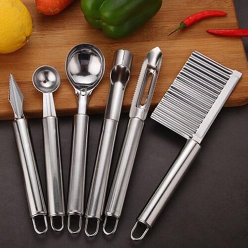 ABSF 6Pcs Stainless Steel Kitchen Gadget Set Fruit Knife Coring Device Carving Knife Watermelon Digging Spoon Potato Peeling