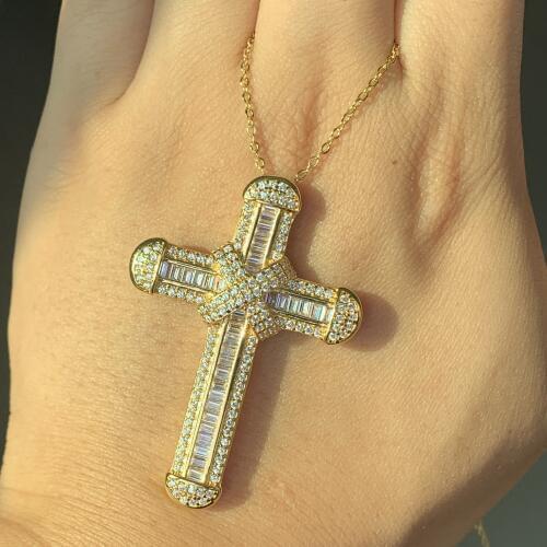 New Arrival Sparkling Luxury Jewelry 925 Sterling Silver&Gold Fill Pave White 5A Cubic Zirconia Cross Pendant Women Necklace