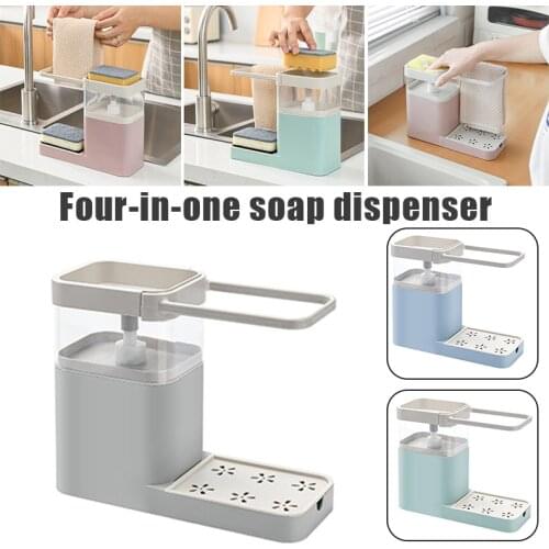 New 4-in-1 Soap Dispenser for Cleaning Press to Pump Soap Combines Sponge Holder Towel Bar and Drain Rack Kitchen Organizer