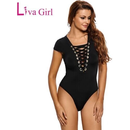 LIVA GIRL Sexy Body Tops Black Lace Up Women Bodysuit with Short Cap Sleeves V-Neck Bodycon Bodysuits Female Clothing Night Club
