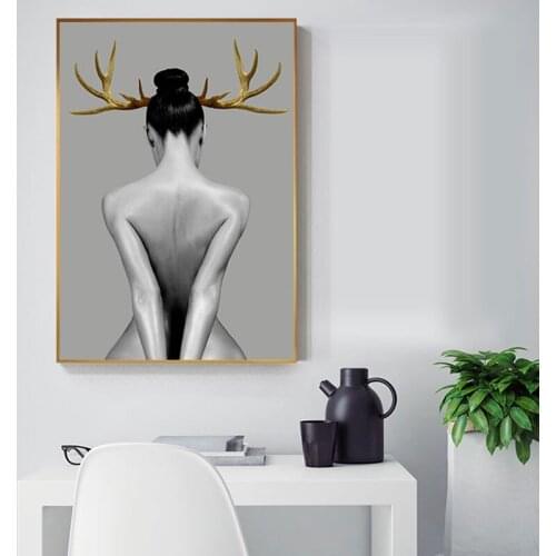 Nordic Naked Deer Girl Canvas Painting Big Poster Print HD Sexy Hot Girl Wall Art for Living Room Affiche Tableaux Cuadros Salon