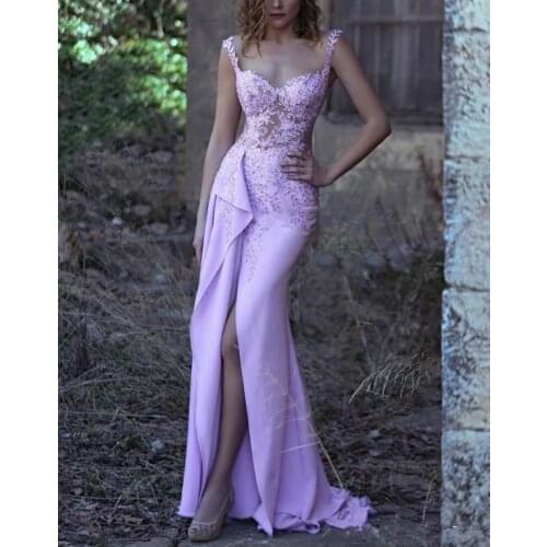 Light Purple Mermaid Evening Dresses 2019 illusion Spaghetti Neck Front Split Prom Dresses Beaded Floor Length Party prom Dress