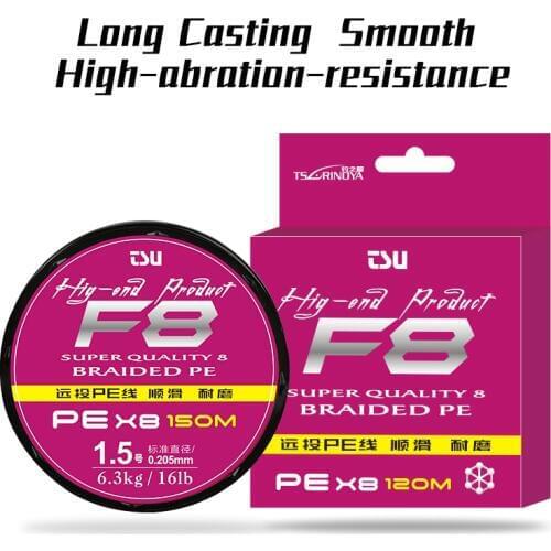 TSURINOYA 120m Fishing Line 8 Braid Multifilament PE line F8 Japanese Materials Long Casting Smooth 8 Strands Fishing Wire Pike