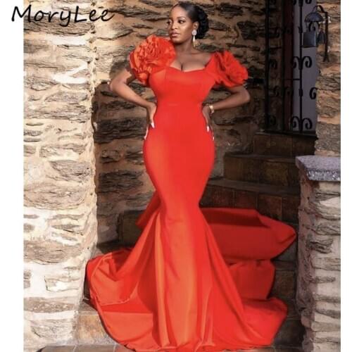 Mermaid Evening Dresses vestidos de fiesta de noche African Hand Made Flower Floor Length Satin Pleated Zipper Evening Dresses
